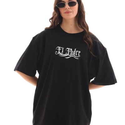Kadın Kısa Kol Yazlık Tişört Bisiklet Yaka Baskılı Oversize T-Shirt - Siyah Kadın Kısa Kol Yazlık Tişört Bisiklet Yaka Baskılı Oversize T-Shirt - Siyah