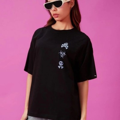 Kadın Kısa Kol Yazlık Tişört Bisiklet Yaka Baskılı Oversize T-Shirt - Siyah Kadın Kısa Kol Yazlık Tişört Bisiklet Yaka Baskılı Oversize T-Shirt - Siyah