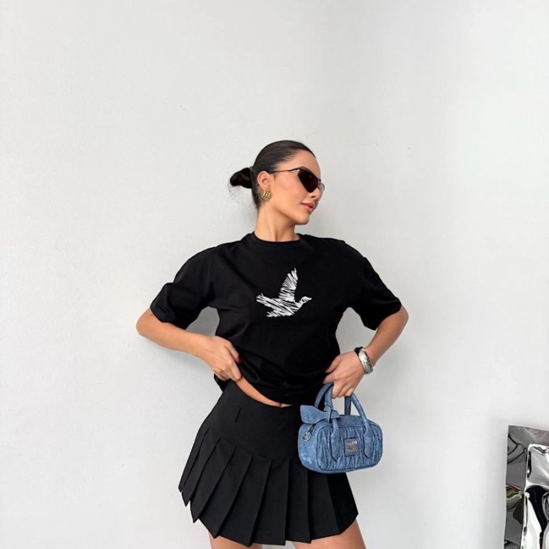 Kadın Kısa Kol Yazlık Tişört Bisiklet Yaka Baskılı Oversize T-Shirt - Siyah Kadın Kısa Kol Yazlık Tişört Bisiklet Yaka Baskılı Oversize T-Shirt - Siyah