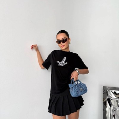 Kadın Kısa Kol Yazlık Tişört Bisiklet Yaka Baskılı Oversize T-Shirt - Siyah Kadın Kısa Kol Yazlık Tişört Bisiklet Yaka Baskılı Oversize T-Shirt - Siyah