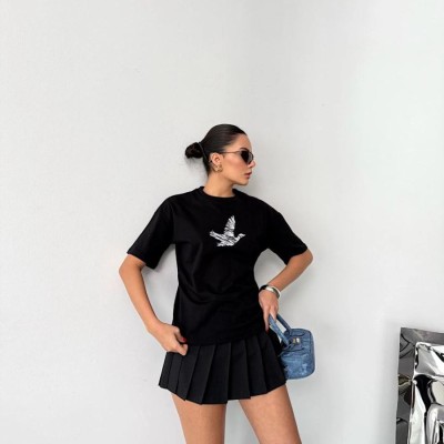 Kadın Kısa Kol Yazlık Tişört Bisiklet Yaka Baskılı Oversize T-Shirt - Siyah Kadın Kısa Kol Yazlık Tişört Bisiklet Yaka Baskılı Oversize T-Shirt - Siyah