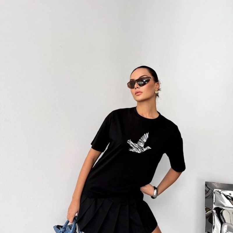 Kadın Kısa Kol Yazlık Tişört Bisiklet Yaka Baskılı Oversize T-Shirt - Siyah Kadın Kısa Kol Yazlık Tişört Bisiklet Yaka Baskılı Oversize T-Shirt - Siyah