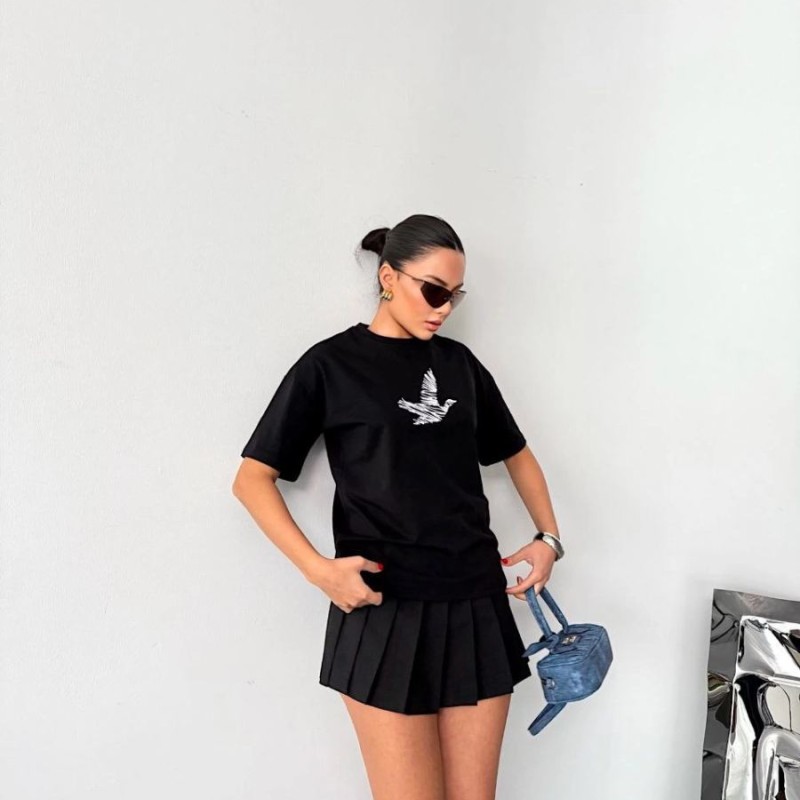 Kadın Kısa Kol Yazlık Tişört Bisiklet Yaka Baskılı Oversize T-Shirt - Siyah Kadın Kısa Kol Yazlık Tişört Bisiklet Yaka Baskılı Oversize T-Shirt - Siyah