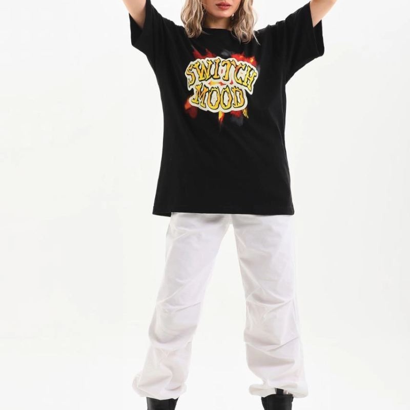 Kadın Kısa Kol Yazlık Tişört Bisiklet Yaka Ejderha Baskılı T-Shirt - Siyah Kadın Kısa Kol Yazlık Tişört Bisiklet Yaka Ejderha Baskılı T-Shirt - Siyah