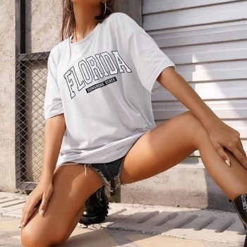 Kadın Kısa Kol Yazlık Tişört Bisiklet Yaka FLORIDA Baskılı T-Shirt - Beyaz Kadın Kısa Kol Yazlık Tişört Bisiklet Yaka FLORIDA Baskılı T-Shirt - Beyaz