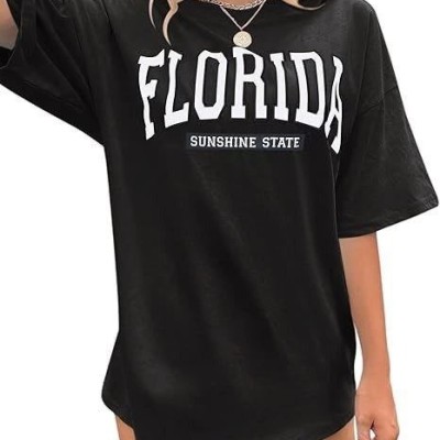 Kadın Kısa Kol Yazlık Tişört Bisiklet Yaka FLORIDA Baskılı T-Shirt - Siyah Kadın Kısa Kol Yazlık Tişört Bisiklet Yaka FLORIDA Baskılı T-Shirt - Siyah