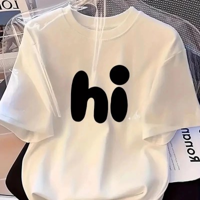 Kadın Kısa Kol Yazlık Tişört Bisiklet Yaka hi Baskılı T-Shirt - Beyaz Kadın Kısa Kol Yazlık Tişört Bisiklet Yaka hi Baskılı T-Shirt - Beyaz