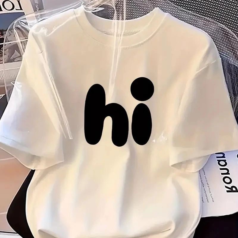 Kadın Kısa Kol Yazlık Tişört Bisiklet Yaka hi Baskılı T-Shirt - Beyaz Kadın Kısa Kol Yazlık Tişört Bisiklet Yaka hi Baskılı T-Shirt - Beyaz