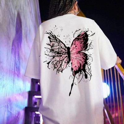 Kadın Kısa Kol Yazlık Tişört Bisiklet Yaka Kelebek Baskılı T-Shirt - Beyaz Kadın Kısa Kol Yazlık Tişört Bisiklet Yaka Kelebek Baskılı T-Shirt - Beyaz
