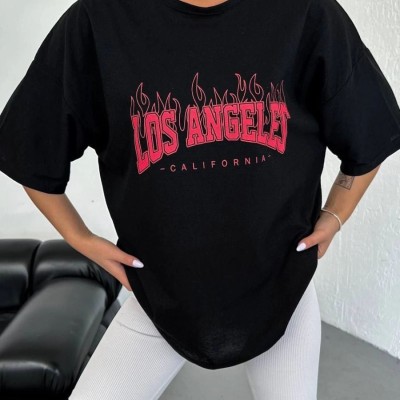 Kadın Kısa Kol Yazlık Tişört Bisiklet Yaka Los Angeles Baskılı T-Shirt - Siyah Kadın Kısa Kol Yazlık Tişört Bisiklet Yaka Los Angeles Baskılı T-Shirt - Siyah