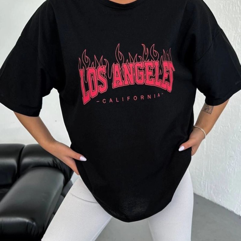 Kadın Kısa Kol Yazlık Tişört Bisiklet Yaka Los Angeles Baskılı T-Shirt - Siyah Kadın Kısa Kol Yazlık Tişört Bisiklet Yaka Los Angeles Baskılı T-Shirt - Siyah