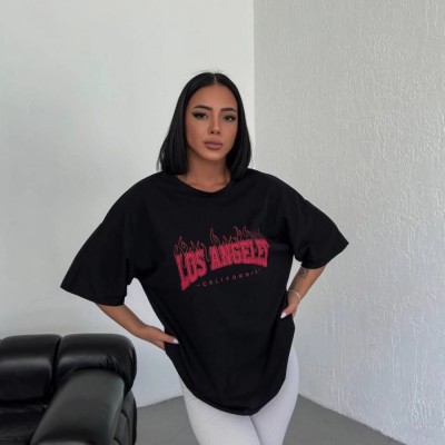 Kadın Kısa Kol Yazlık Tişört Bisiklet Yaka Los Angeles Baskılı T-Shirt - Siyah Kadın Kısa Kol Yazlık Tişört Bisiklet Yaka Los Angeles Baskılı T-Shirt - Siyah
