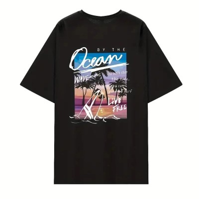 Kadın Kısa Kol Yazlık Tişört Bisiklet Yaka Okyanus Baskılı T-Shirt - Siyah Kadın Kısa Kol Yazlık Tişört Bisiklet Yaka Okyanus Baskılı T-Shirt - Siyah