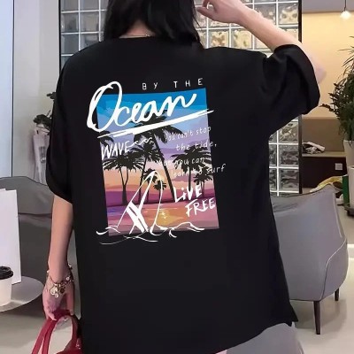 Kadın Kısa Kol Yazlık Tişört Bisiklet Yaka Okyanus Baskılı T-Shirt - Siyah Kadın Kısa Kol Yazlık Tişört Bisiklet Yaka Okyanus Baskılı T-Shirt - Siyah