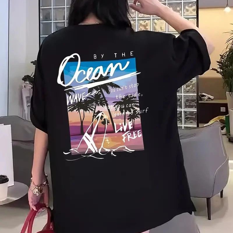 Kadın Kısa Kol Yazlık Tişört Bisiklet Yaka Okyanus Baskılı T-Shirt - Siyah Kadın Kısa Kol Yazlık Tişört Bisiklet Yaka Okyanus Baskılı T-Shirt - Siyah