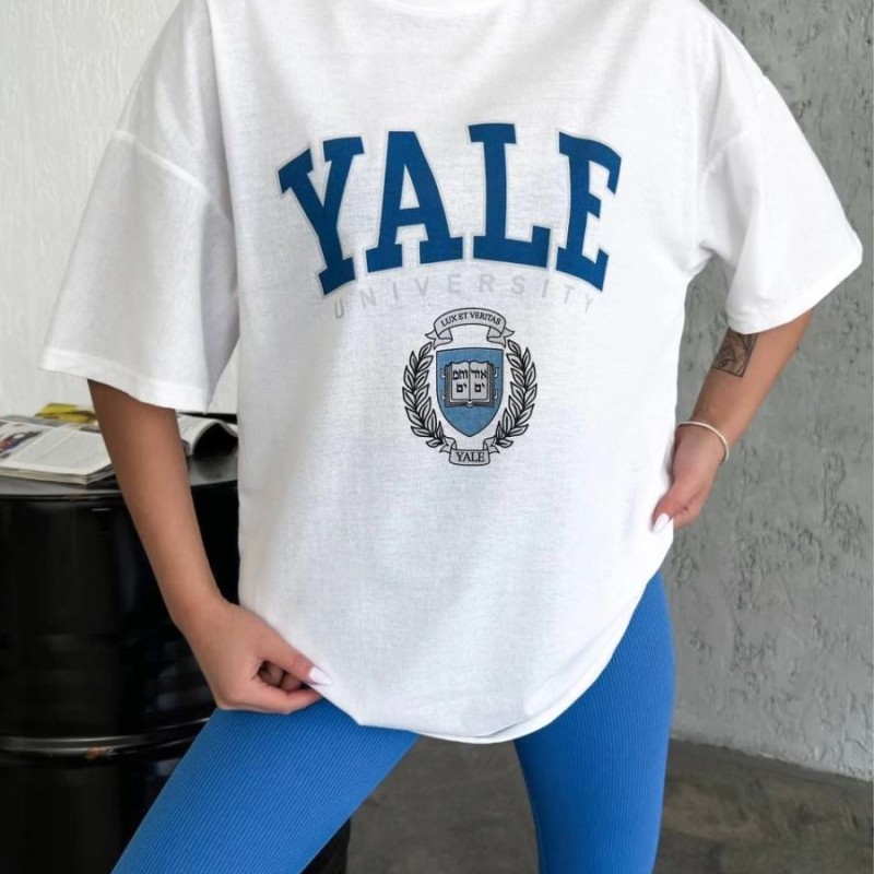 Kadın Kısa Kol Yazlık Tişört Bisiklet Yaka YALE Baskılı T-Shirt - Beyaz Kadın Kısa Kol Yazlık Tişört Bisiklet Yaka YALE Baskılı T-Shirt - Beyaz