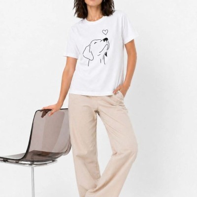 Kadın Köpek Figürlü Minimal Baskılı Tişört Kısa Kol Yazlık T-Shirt - Beyaz Kadın Köpek Figürlü Minimal Baskılı Tişört Kısa Kol Yazlık T-Shirt - Beyaz
