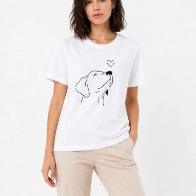 Kadın Köpek Figürlü Minimal Baskılı Tişört Kısa Kol Yazlık T-Shirt - Beyaz Kadın Köpek Figürlü Minimal Baskılı Tişört Kısa Kol Yazlık T-Shirt - Beyaz