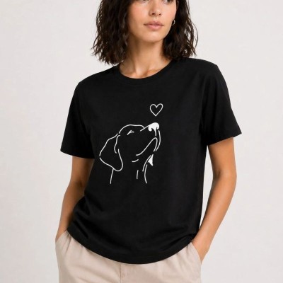 Kadın Köpek Figürlü Minimal Baskılı Tişört Kısa Kol Yazlık T-Shirt - Siyah Kadın Köpek Figürlü Minimal Baskılı Tişört Kısa Kol Yazlık T-Shirt - Siyah