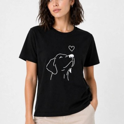 Kadın Köpek Figürlü Minimal Baskılı Tişört Kısa Kol Yazlık T-Shirt - Siyah Kadın Köpek Figürlü Minimal Baskılı Tişört Kısa Kol Yazlık T-Shirt - Siyah