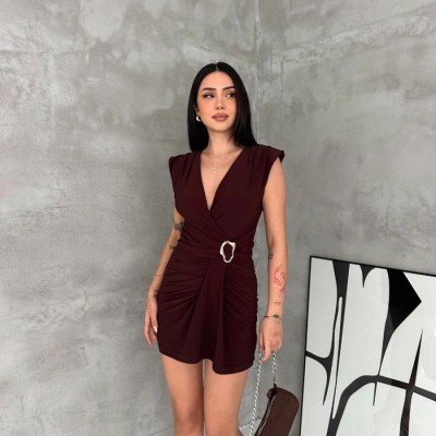 Kadın Kruvaze Drapeli Tokalı Mini Elbise Şık Gece Davet Abiye - Kahverengi Kadın Kruvaze Drapeli Tokalı Mini Elbise Şık Gece Davet Abiye - Kahverengi