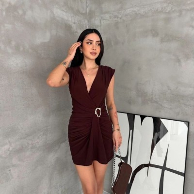 Kadın Kruvaze Drapeli Tokalı Mini Elbise Şık Gece Davet Abiye - Kahverengi Kadın Kruvaze Drapeli Tokalı Mini Elbise Şık Gece Davet Abiye - Kahverengi