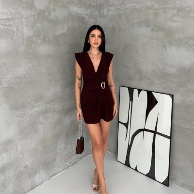 Kadın Kruvaze Drapeli Tokalı Mini Elbise Şık Gece Davet Abiye - Kahverengi Kadın Kruvaze Drapeli Tokalı Mini Elbise Şık Gece Davet Abiye - Kahverengi