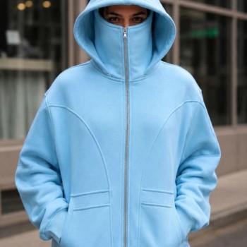 Kadın Maskeli Ninja Model Çift Kapüşonlu 3 İplik Şardonlu Fermuarlı Oversize Sweatshirt - Bebek Mavisi
