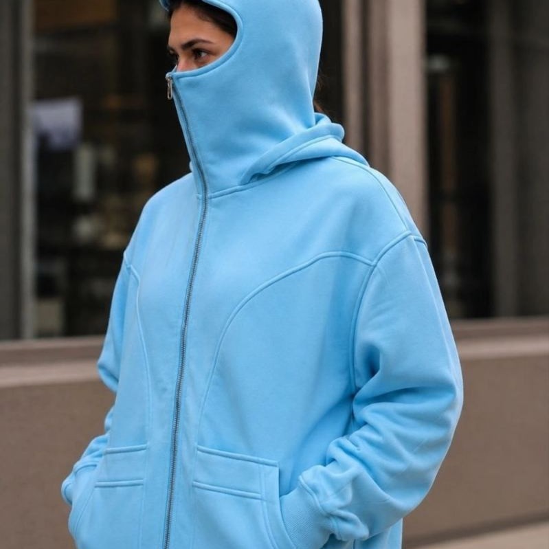Kadın Maskeli Ninja Model Çift Kapüşonlu 3 İplik Şardonlu Fermuarlı Oversize Sweatshirt - Bebek Mavisi