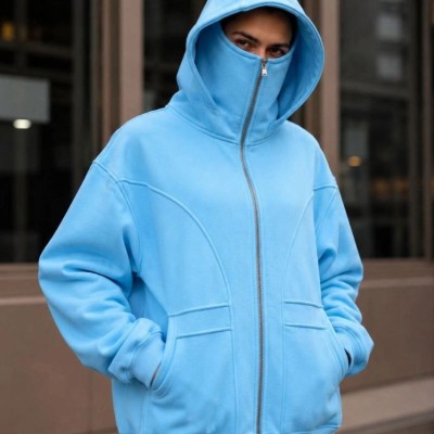 Kadın Maskeli Ninja Model Çift Kapüşonlu 3 İplik Şardonlu Fermuarlı Oversize Sweatshirt - Bebek Mavisi