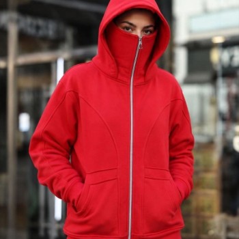 Kadın Maskeli Ninja Model Çift Kapüşonlu 3 İplik Şardonlu Fermuarlı Oversize Sweatshirt - Kırmızı