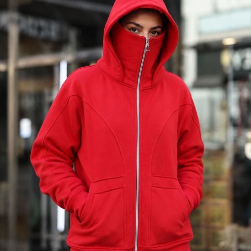 Kadın Maskeli Ninja Model Çift Kapüşonlu 3 İplik Şardonlu Fermuarlı Oversize Sweatshirt - Kırmızı