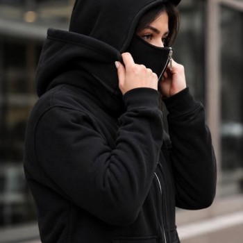 Kadın Maskeli Ninja Model Çift Kapüşonlu 3 İplik Şardonlu Fermuarlı Oversize Sweatshirt - Siyah