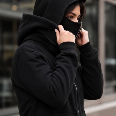 Kadın Maskeli Ninja Model Çift Kapüşonlu 3 İplik Şardonlu Fermuarlı Oversize Sweatshirt - Siyah