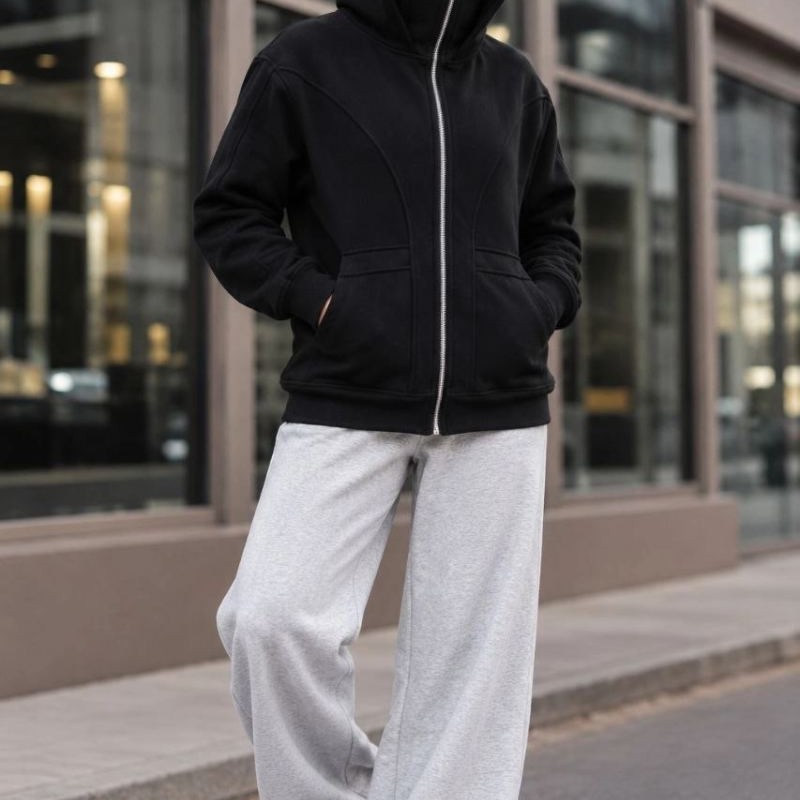 Kadın Maskeli Ninja Model Çift Kapüşonlu 3 İplik Şardonlu Fermuarlı Oversize Sweatshirt - Siyah