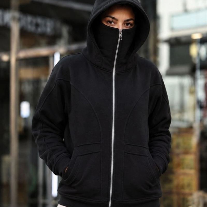 Kadın Maskeli Ninja Model Çift Kapüşonlu 3 İplik Şardonlu Fermuarlı Oversize Sweatshirt - Siyah