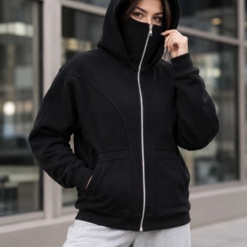 Kadın Maskeli Ninja Model Çift Kapüşonlu 3 İplik Şardonlu Fermuarlı Oversize Sweatshirt - Siyah