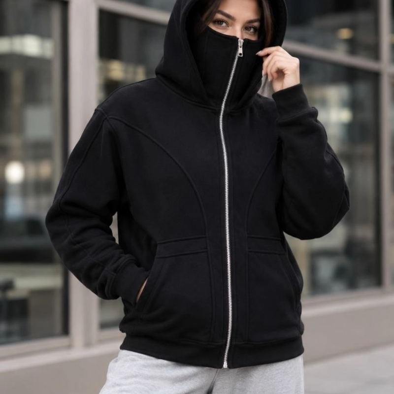 Kadın Maskeli Ninja Model Çift Kapüşonlu 3 İplik Şardonlu Fermuarlı Oversize Sweatshirt - Siyah