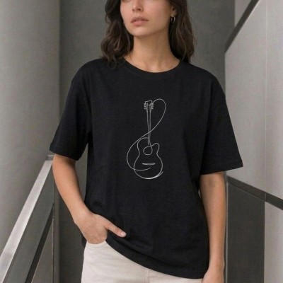Kadın Minimal Gitar Baskılı Tişört T-Shirt Yazlık Kısa Kol Bisiklet Yaka T-Shirt - Siyah Kadın Minimal Gitar Baskılı Tişört T-Shirt Yazlık Kısa Kol Bisiklet Yaka T-Shirt - Siyah