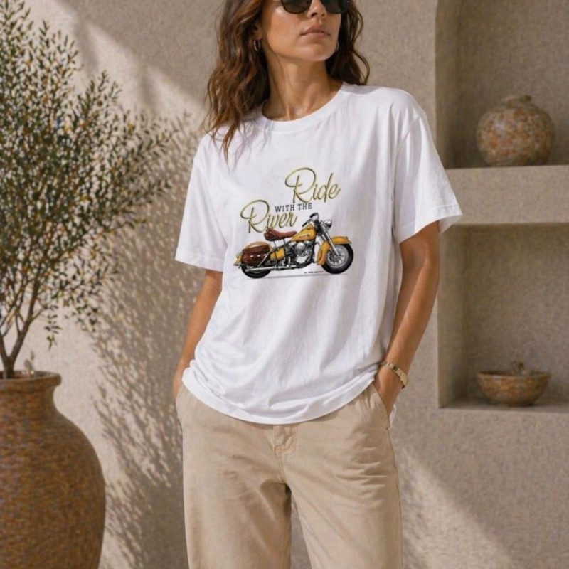 Kadın Motosiklet Baskılı Tişört Bisiklet Yaka Kısa Kol Yazlık T-Shirt - Beyaz Kadın Motosiklet Baskılı Tişört Bisiklet Yaka Kısa Kol Yazlık T-Shirt - Beyaz