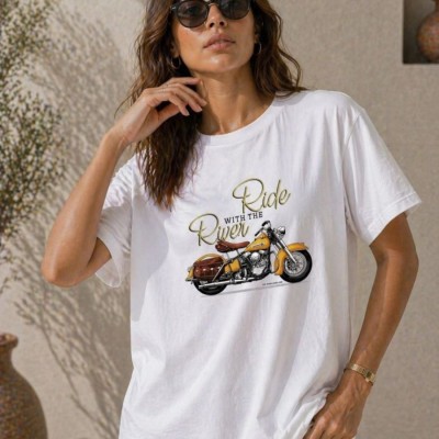 Kadın Motosiklet Baskılı Tişört Bisiklet Yaka Kısa Kol Yazlık T-Shirt - Beyaz Kadın Motosiklet Baskılı Tişört Bisiklet Yaka Kısa Kol Yazlık T-Shirt - Beyaz