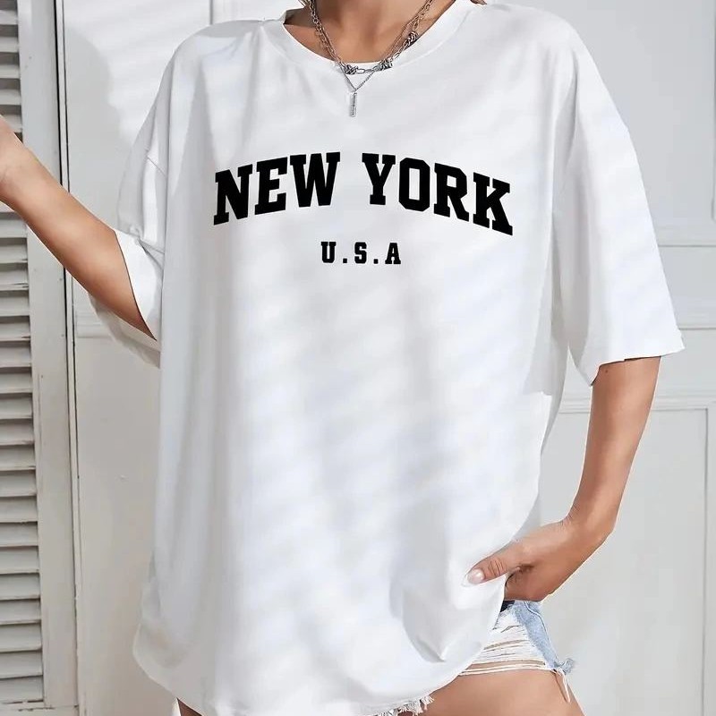 Kadın New York Baskılı Tişort Kısa Kol Bisiklet Yaka T-shirt - Beyaz Kadın New York Baskılı Tişort Kısa Kol Bisiklet Yaka T-shirt - Beyaz