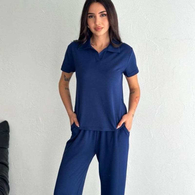 Kadın Osy Modal Yumuşak Dokulu Kısa Kollu Yakalı Pantolon ikili Takım - Lacivert Kadın Osy Modal Yumuşak Dokulu Kısa Kollu Yakalı Pantolon ikili Takım - Lacivert