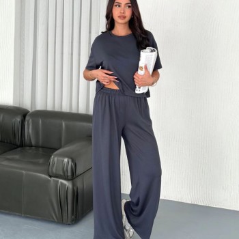 Kadın Osy Modal Yumuşak Dokulu Kumaş Bisiklet Yaka T-shirt Bol paça Pantalon ikili Takım -Antrasit