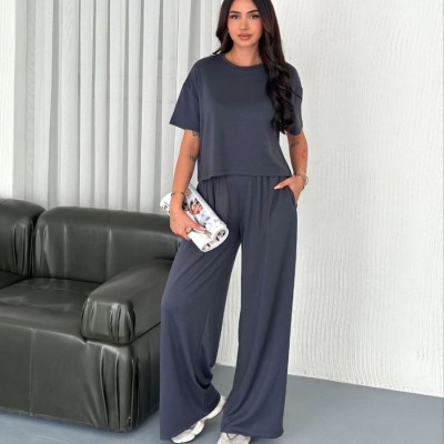 Kadın Osy Modal Yumuşak Dokulu Kumaş Bisiklet Yaka T-shirt Bol paça Pantalon ikili Takım -Antrasit