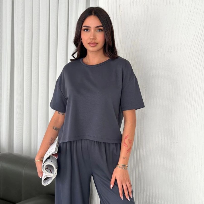 Kadın Osy Modal Yumuşak Dokulu Kumaş Bisiklet Yaka T-shirt Bol paça Pantalon ikili Takım -Antrasit