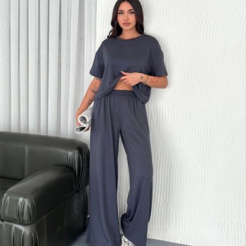 Kadın Osy Modal Yumuşak Dokulu Kumaş Bisiklet Yaka T-shirt Bol paça Pantalon ikili Takım -Antrasit