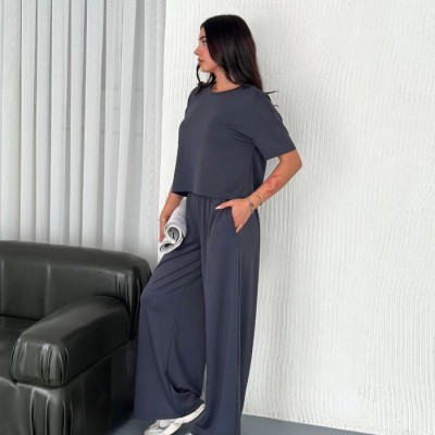Kadın Osy Modal Yumuşak Dokulu Kumaş Bisiklet Yaka T-shirt Bol paça Pantalon ikili Takım -Antrasit
