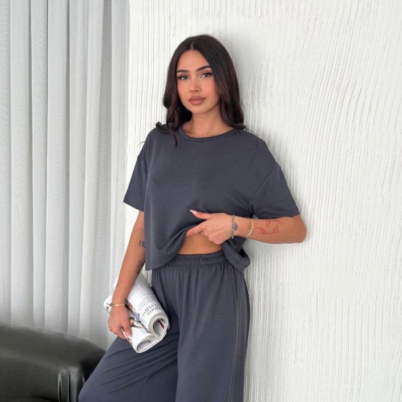 Kadın Osy Modal Yumuşak Dokulu Kumaş Bisiklet Yaka T-shirt Bol paça Pantalon ikili Takım -Antrasit