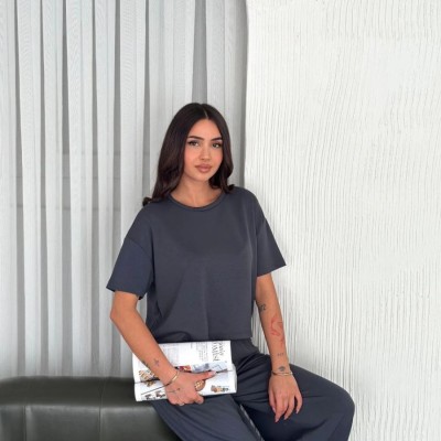 Kadın Osy Modal Yumuşak Dokulu Kumaş Bisiklet Yaka T-shirt Bol paça Pantalon ikili Takım -Antrasit
